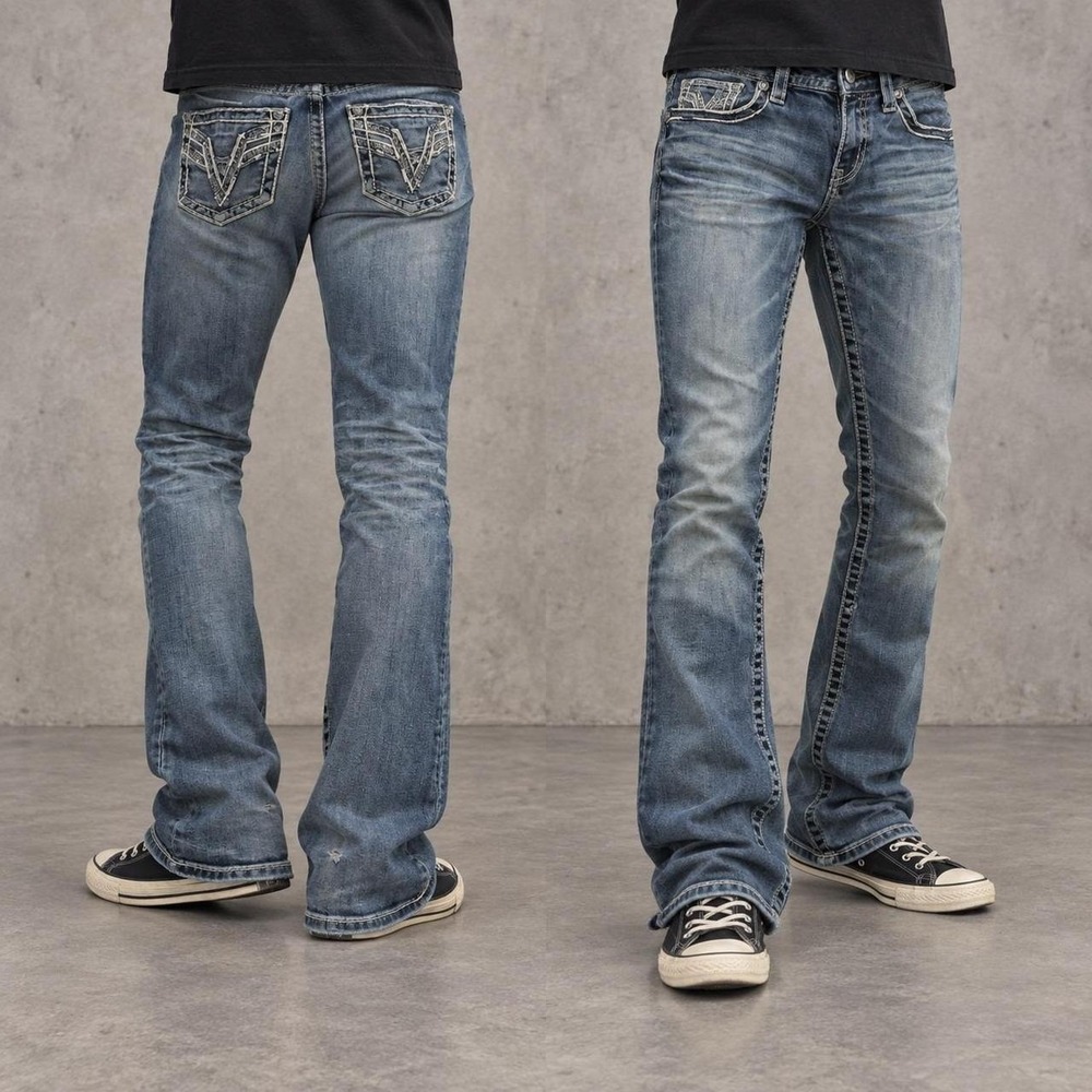 28x32 Faded Blue Embroidered Slim Bootcut Jeans Y2K